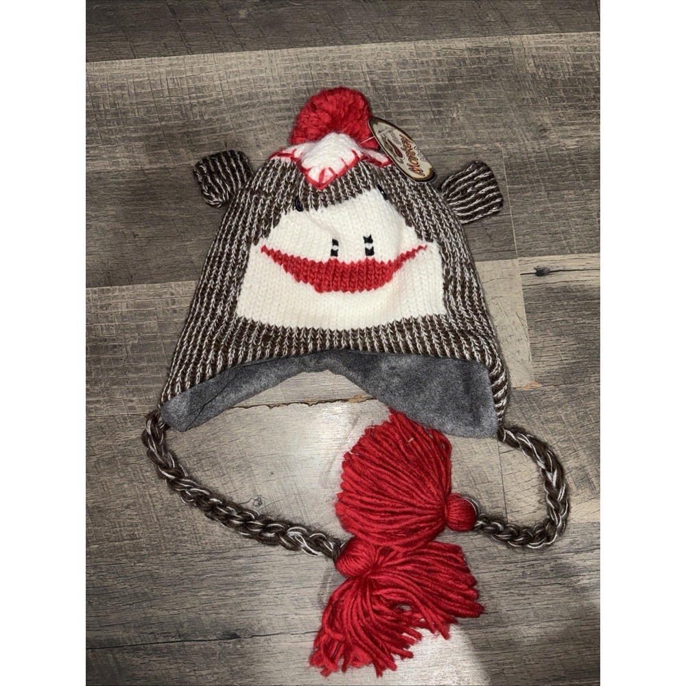 Sock Monkey Winter Hat Knit Fleece Lined Girls Brown Red Polyester Acrylic New